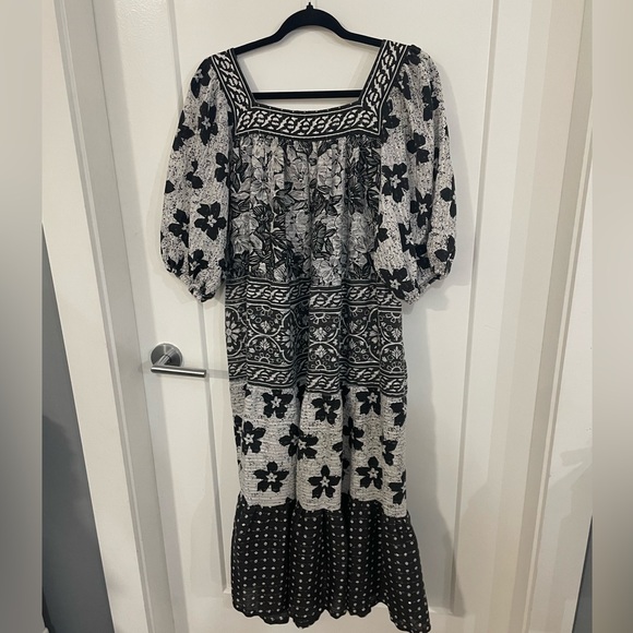 Ramona Rull Vintage 1970s Puff Sleeve Black and White Maxi Dress Embellished - Picture 2 of 5